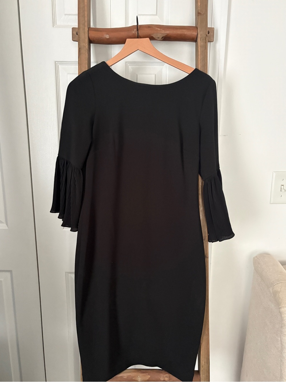 Calvin Klein Black Midi Dress with Pleated Bell Sleeves